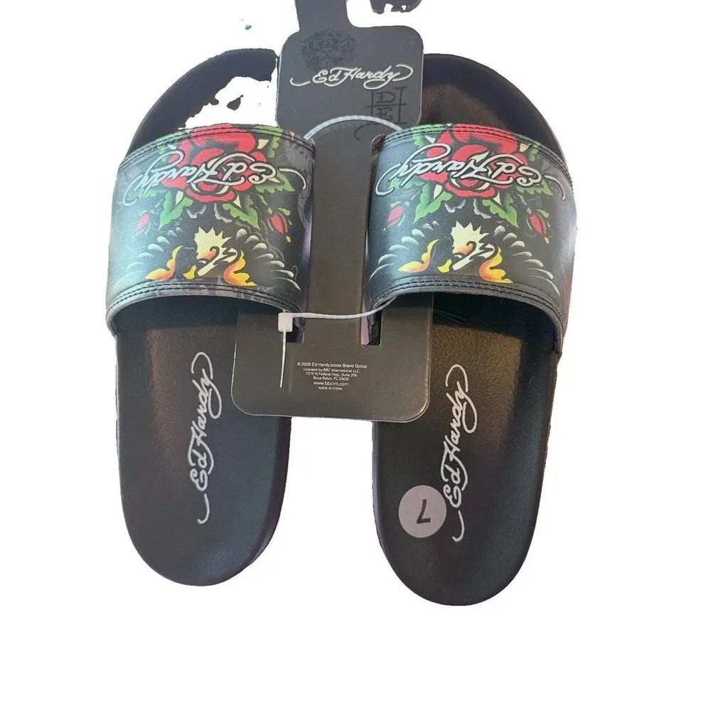 Ed Hardy Eagle-Roses-Tattoo Black Slides/Flip-Flops Size 7 NWT